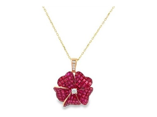 invisible setting Ruby & Diamond pendant in rose gold 